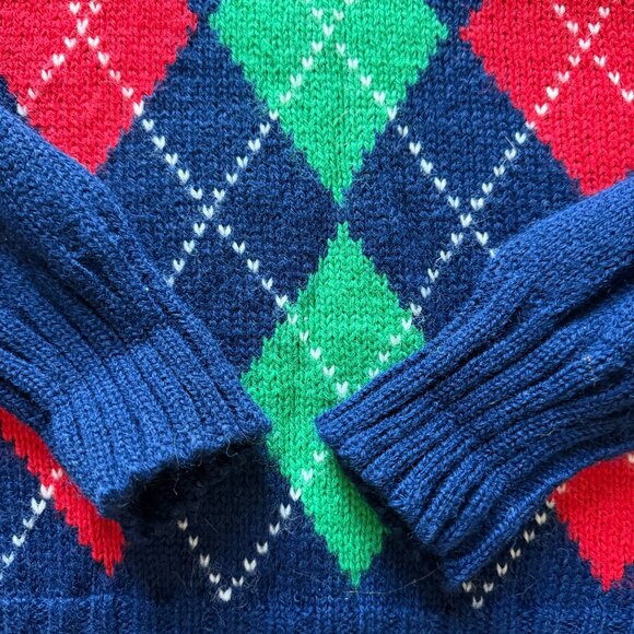 Vintage 80s Preppy Argyle Diamond Knit Sweater Blue Large - Picture 3 of 6